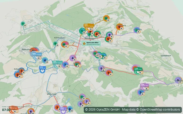 3D-Ansicht des Plans „Ambulante Pflege, Touren und Bezugspflege“ (Personaleinsatzplanung)