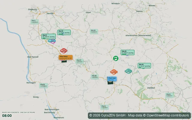 Route planning: Ready-mix concrete · one day of pours