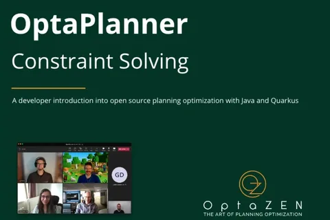 Title slide "OptaPlanner Constraint Solving" with a screenshot of the video call